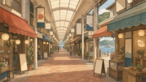 呉のれんがどおりのアーケード商店街をイメージしたイラスト