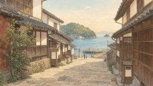 御手洗の重伝建地区の町並みと港をイメージしたイラスト