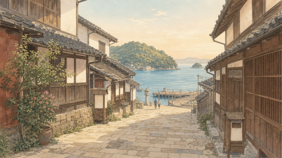 御手洗の重伝建地区の町並みと港をイメージしたイラスト