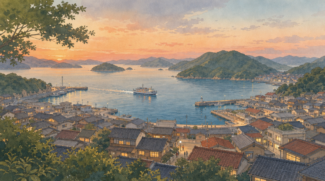 夕暮れの呉の港町と海辺をイメージしたイラスト