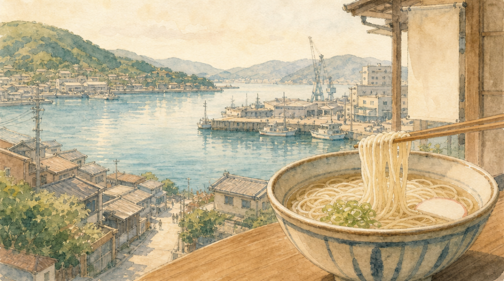 呉の細うどんが細い理由 — 1933年創業「山乃家」から続く麺の話のイメージイラスト