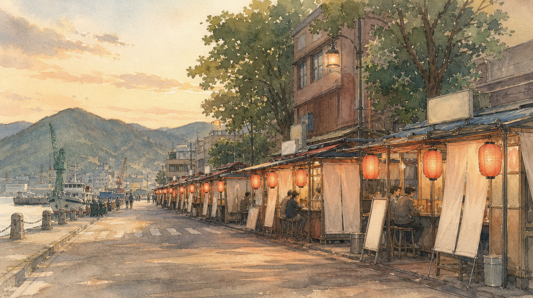 呉・蔵本通りの屋台街とは？大正時代から続く「全国でも珍しい」屋台文化のイメージイラスト