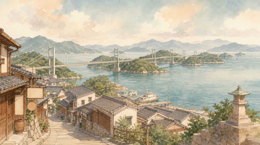 とびしま海道とは?呉から島づたいに愛媛へ渡る、7つの橋のルートのイメージイラスト