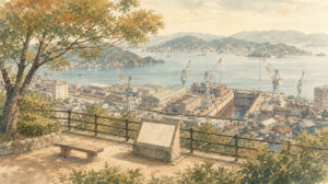 歴史の見える丘とは？戦艦大和が造られたドックを見下ろせる高台のイメージイラスト