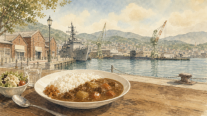 呉のグルメといえば、絶対に外せないのがカレーのイメージイラスト