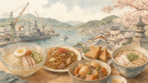 海軍グルメ以外に呉市で味わうべき名物料理のイメージイラスト