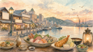 呉で食べる夜ご飯のおすすめメニュー紹介のイメージイラスト