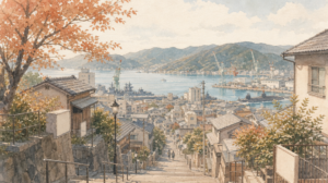 秋の呉を歩くなら何を着る？坂と海風に合わせた服装と持ち物のイメージイラスト