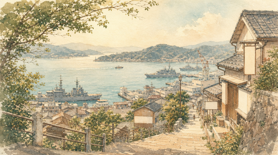 一人旅の呉はどう楽しむ？自分の歩幅で回る、港と坂の街のイメージイラスト