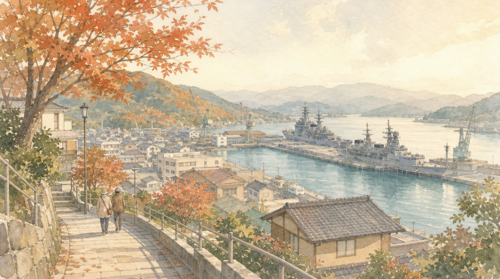 親世代と呉を旅するなら — 坂と階段を減らし、休む場所から組む回り方のイメージイラスト